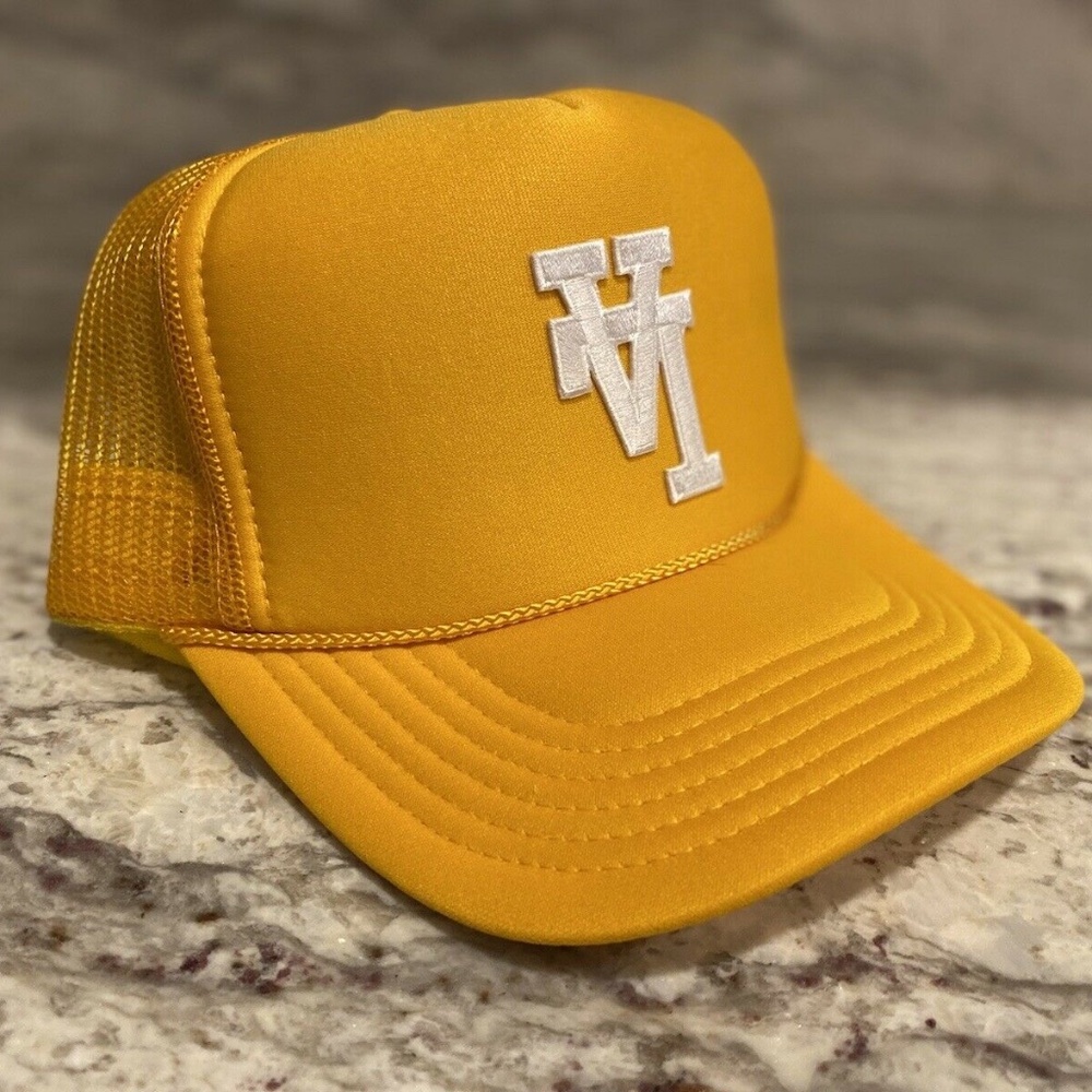NEW HANDMADE YELLOW LA UPSIDE DOWN TRUCKER HAT